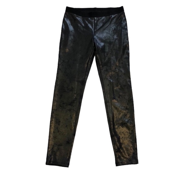 Hue Womens Black Faux Leather Leggings Sz M Gold Metallic Shiny Fall Autumn Edge - Picture 1 of 6